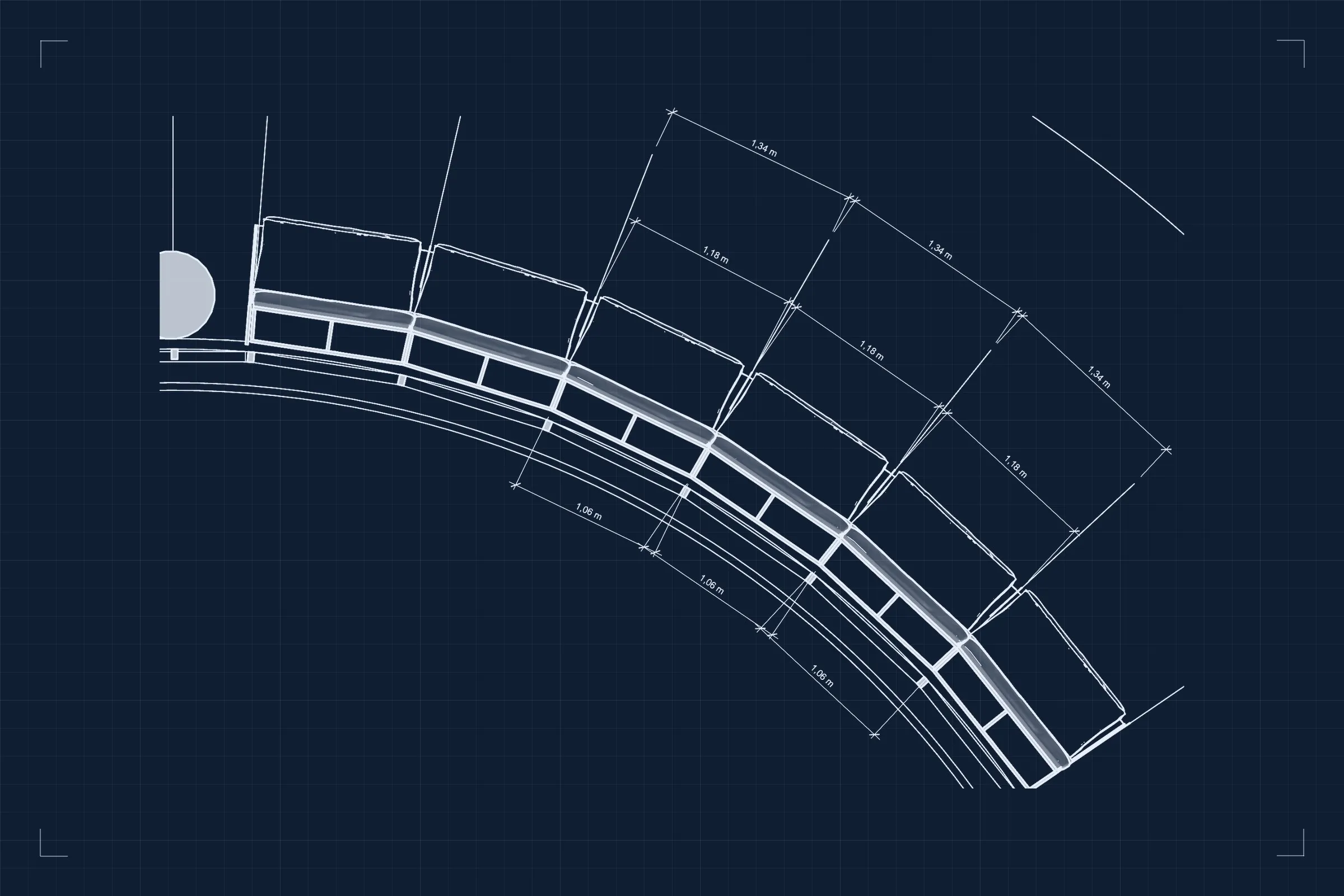 Lounge seating along the curved façade, plan with dimensions