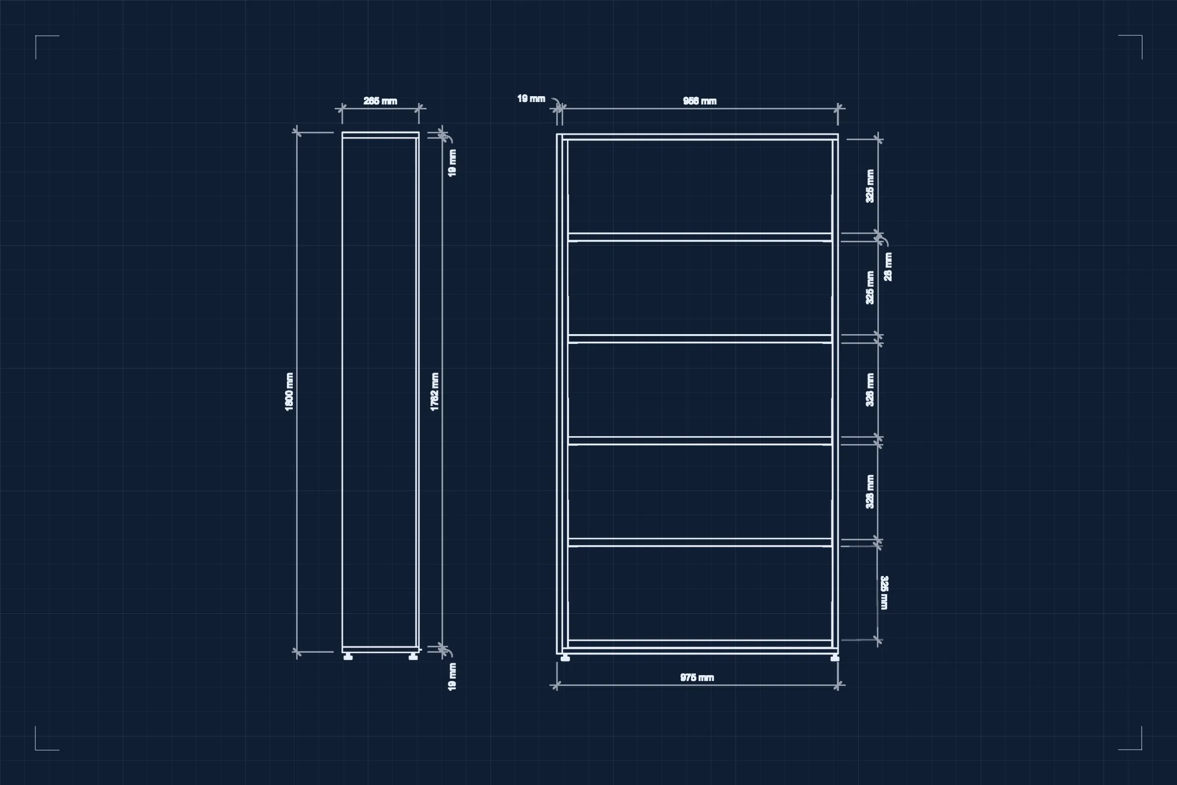 Shelving, side and front elevations