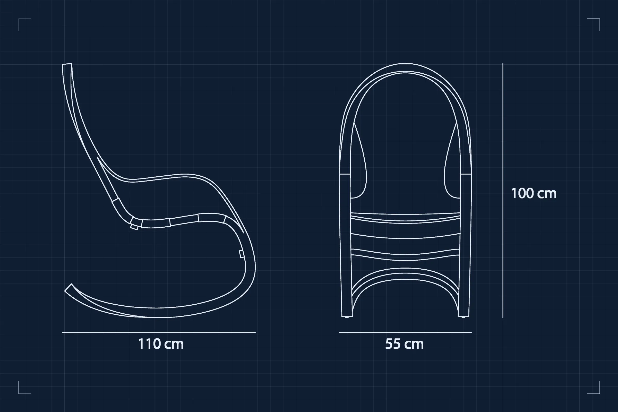 Marino Rocker, side and front elevations, 110 × 55 × 100 cm